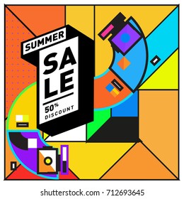 Summer sale retro memphis style web banner. Fashion and travel discount poster. Vector holiday Abstract colorful retro illustration with special offer and promotion.
