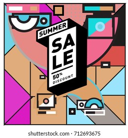 Summer sale retro memphis style web banner. Fashion and travel discount poster. Vector holiday Abstract colorful retro illustration with special offer and promotion.