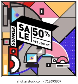 Summer sale retro memphis style web banner. Fashion and travel discount poster. Vector holiday Abstract colorful retro illustration with special offer and promotion.
