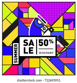 Summer sale retro memphis style web banner. Fashion and travel discount poster. Vector holiday Abstract colorful retro illustration with special offer and promotion.