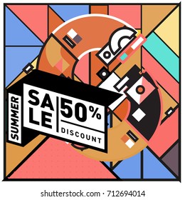 Summer sale retro memphis style web banner. Fashion and travel discount poster. Vector holiday Abstract colorful retro illustration with special offer and promotion.