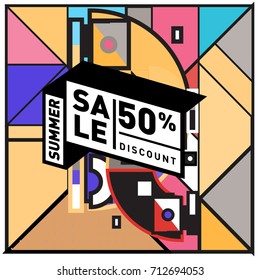 Summer sale retro memphis style web banner. Fashion and travel discount poster. Vector holiday Abstract colorful retro illustration with special offer and promotion.