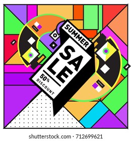 Summer sale retro memphis style web banner. Fashion and travel discount poster. Vector holiday Abstract colorful retro illustration with special offer and promotion.