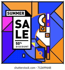 Summer sale retro memphis style web banner. Fashion and travel discount poster. Vector holiday Abstract colorful retro illustration with special offer and promotion.