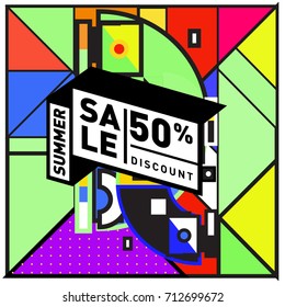 Summer sale retro memphis style web banner. Fashion and travel discount poster. Vector holiday Abstract colorful retro illustration with special offer and promotion.