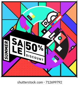 Summer sale retro memphis style web banner. Fashion and travel discount poster. Vector holiday Abstract colorful retro illustration with special offer and promotion.