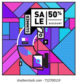 Summer sale retro memphis style web banner. Fashion and travel discount poster. Vector holiday Abstract colorful retro illustration with special offer and promotion.
