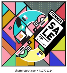 Summer sale retro memphis style web banner. Fashion and travel discount poster. Vector holiday Abstract colorful retro illustration with special offer and promotion.