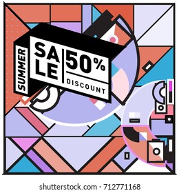 Summer sale retro memphis style web banner. Fashion and travel discount poster. Vector holiday Abstract colorful retro illustration with special offer and promotion.