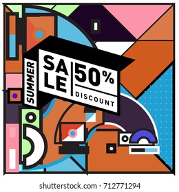 Summer sale retro memphis style web banner. Fashion and travel discount poster. Vector holiday Abstract colorful retro illustration with special offer and promotion.