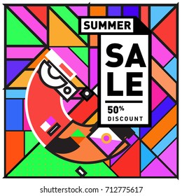 Summer sale retro memphis style web banner. Fashion and travel discount poster. Vector holiday Abstract colorful retro illustration with special offer and promotion.