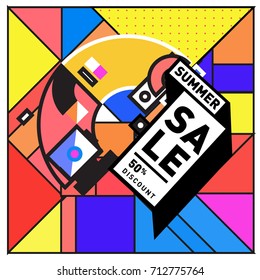 Summer sale retro memphis style web banner. Fashion and travel discount poster. Vector holiday Abstract colorful retro illustration with special offer and promotion.
