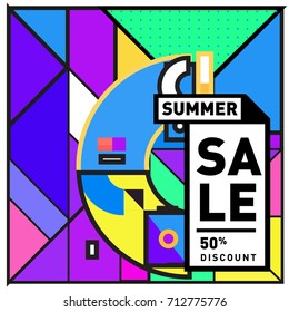 Summer sale retro memphis style web banner. Fashion and travel discount poster. Vector holiday Abstract colorful retro illustration with special offer and promotion.