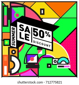 Summer sale retro memphis style web banner. Fashion and travel discount poster. Vector holiday Abstract colorful retro illustration with special offer and promotion.