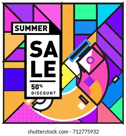 Summer sale retro memphis style web banner. Fashion and travel discount poster. Vector holiday Abstract colorful retro illustration with special offer and promotion.