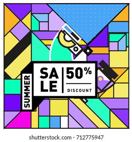 Summer sale retro memphis style web banner. Fashion and travel discount poster. Vector holiday Abstract colorful retro illustration with special offer and promotion.