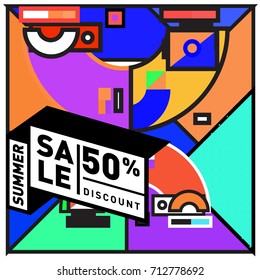 Summer sale retro memphis style web banner. Fashion and travel discount poster. Vector holiday Abstract colorful retro illustration with special offer and promotion.