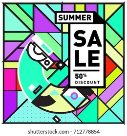 Summer sale retro memphis style web banner. Fashion and travel discount poster. Vector holiday Abstract colorful retro illustration with special offer and promotion.