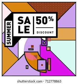 Summer sale retro memphis style web banner. Fashion and travel discount poster. Vector holiday Abstract colorful retro illustration with special offer and promotion.