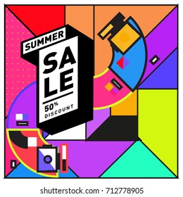 Summer sale retro memphis style web banner. Fashion and travel discount poster. Vector holiday Abstract colorful retro illustration with special offer and promotion.