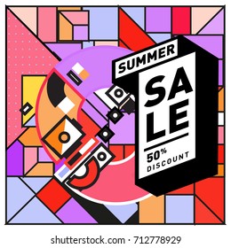 Summer sale retro memphis style web banner. Fashion and travel discount poster. Vector holiday Abstract colorful retro illustration with special offer and promotion.