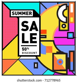 Summer sale retro memphis style web banner. Fashion and travel discount poster. Vector holiday Abstract colorful retro illustration with special offer and promotion.