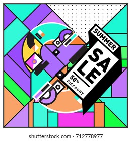 Summer sale retro memphis style web banner. Fashion and travel discount poster. Vector holiday Abstract colorful retro illustration with special offer and promotion.