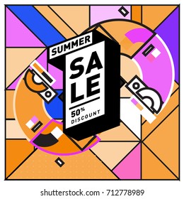 Summer sale retro memphis style web banner. Fashion and travel discount poster. Vector holiday Abstract colorful retro illustration with special offer and promotion.
