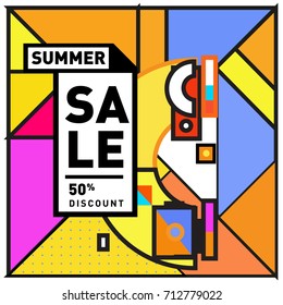 Summer sale retro memphis style web banner. Fashion and travel discount poster. Vector holiday Abstract colorful retro illustration with special offer and promotion.