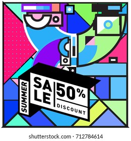 Summer sale retro memphis style web banner. Fashion and travel discount poster. Vector holiday Abstract colorful retro illustration with special offer and promotion.