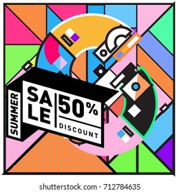 Summer sale retro memphis style web banner. Fashion and travel discount poster. Vector holiday Abstract colorful retro illustration with special offer and promotion.