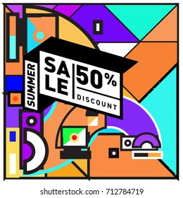 Summer sale retro memphis style web banner. Fashion and travel discount poster. Vector holiday Abstract colorful retro illustration with special offer and promotion.