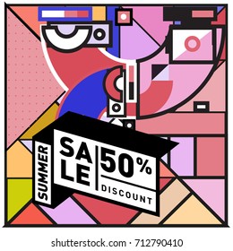 Summer sale retro memphis style web banner. Fashion and travel discount poster. Vector holiday Abstract colorful retro illustration with special offer and promotion.
