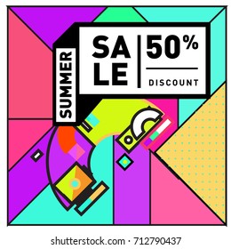 Summer sale retro memphis style web banner. Fashion and travel discount poster. Vector holiday Abstract colorful retro illustration with special offer and promotion.