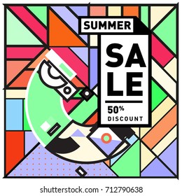 Summer sale retro memphis style web banner. Fashion and travel discount poster. Vector holiday Abstract colorful retro illustration with special offer and promotion.