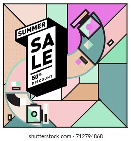 Summer sale retro memphis style web banner. Fashion and travel discount poster. Vector holiday Abstract colorful retro illustration with special offer and promotion.