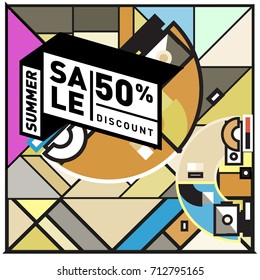 Summer sale retro memphis style web banner. Fashion and travel discount poster. Vector holiday Abstract colorful retro illustration with special offer and promotion.