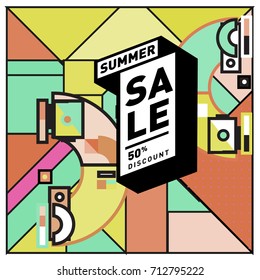 Summer sale retro memphis style web banner. Fashion and travel discount poster. Vector holiday Abstract colorful retro illustration with special offer and promotion.