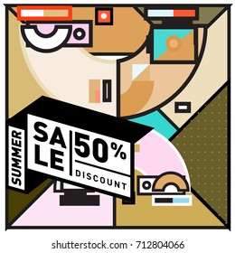 Summer sale retro memphis style web banner. Fashion and travel discount poster. Vector holiday Abstract colorful retro illustration with special offer and promotion.