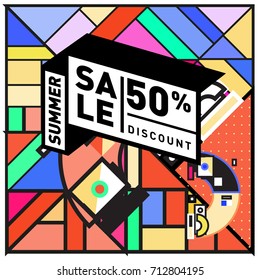 Summer sale retro memphis style web banner. Fashion and travel discount poster. Vector holiday Abstract colorful retro illustration with special offer and promotion.