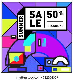 Summer sale retro memphis style web banner. Fashion and travel discount poster. Vector holiday Abstract colorful retro illustration with special offer and promotion.
