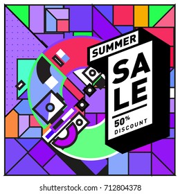 Summer sale retro memphis style web banner. Fashion and travel discount poster. Vector holiday Abstract colorful retro illustration with special offer and promotion.