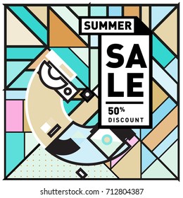 Summer sale retro memphis style web banner. Fashion and travel discount poster. Vector holiday Abstract colorful retro illustration with special offer and promotion.
