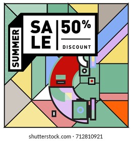 Summer sale retro memphis style web banner. Fashion and travel discount poster. Vector holiday Abstract colorful retro illustration with special offer and promotion.