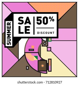 Summer sale retro memphis style web banner. Fashion and travel discount poster. Vector holiday Abstract colorful retro illustration with special offer and promotion.