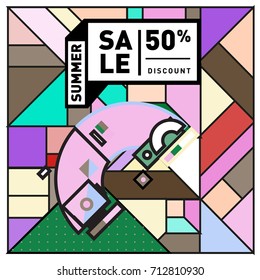 Summer sale retro memphis style web banner. Fashion and travel discount poster. Vector holiday Abstract colorful retro illustration with special offer and promotion.