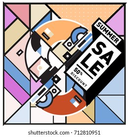 Summer sale retro memphis style web banner. Fashion and travel discount poster. Vector holiday Abstract colorful retro illustration with special offer and promotion.
