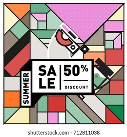 Summer sale retro memphis style web banner. Fashion and travel discount poster. Vector holiday Abstract colorful retro illustration with special offer and promotion.