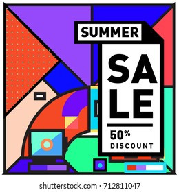 Summer sale retro memphis style web banner. Fashion and travel discount poster. Vector holiday Abstract colorful retro illustration with special offer and promotion.