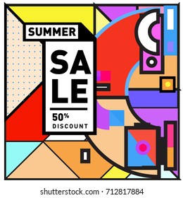 Summer sale retro memphis style web banner. Fashion and travel discount poster. Vector holiday Abstract colorful retro illustration with special offer and promotion.
